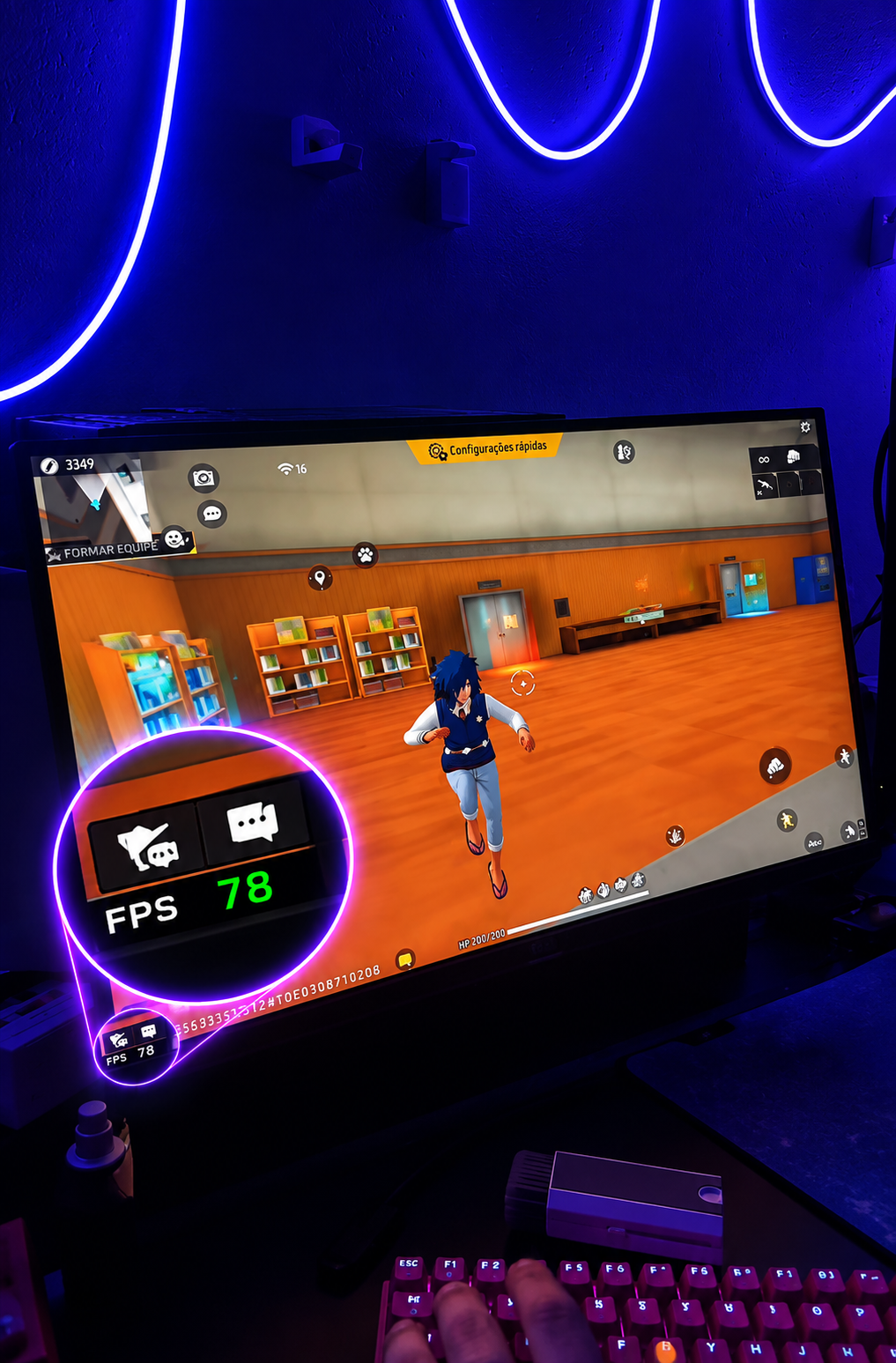 Free Fire sem otimização, contador marcando 78 FPS